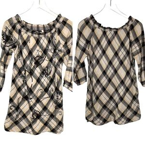 Soft Surroundings Tunic/Dress 100% Cotton Plaid Black/Grey Sequined 3/4 Sleeve S